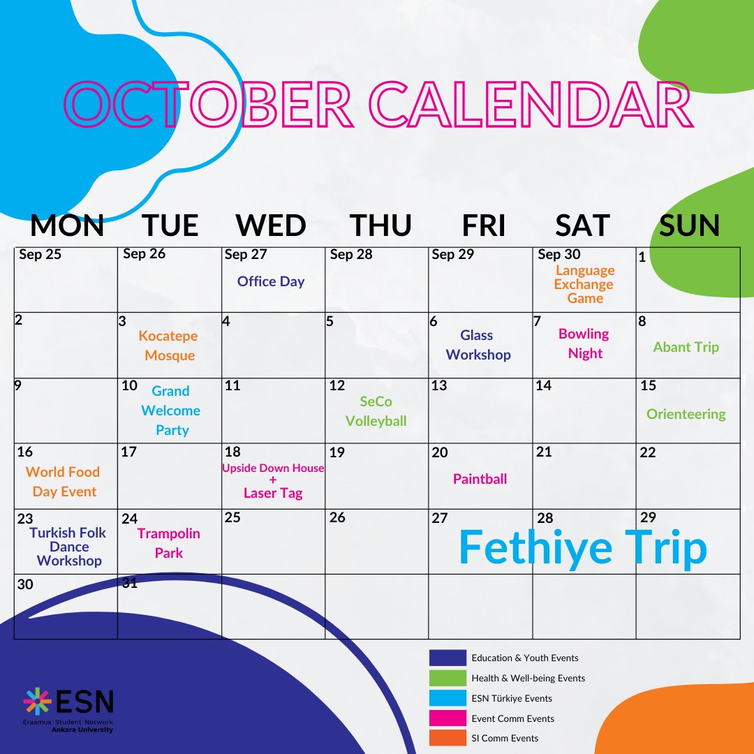 ESNankarauni's tweet photo. October's event calendar is out , and we are so excited about it.

With the start of the term, we are making sure that each event is optimal for every person.

Let's make this Erasmus term an experience to remember! 

#ESNankarauni #ESNtürkiye #ErasmusGeneration 

@ankara_uni https://t.co/oisJvOYHLk