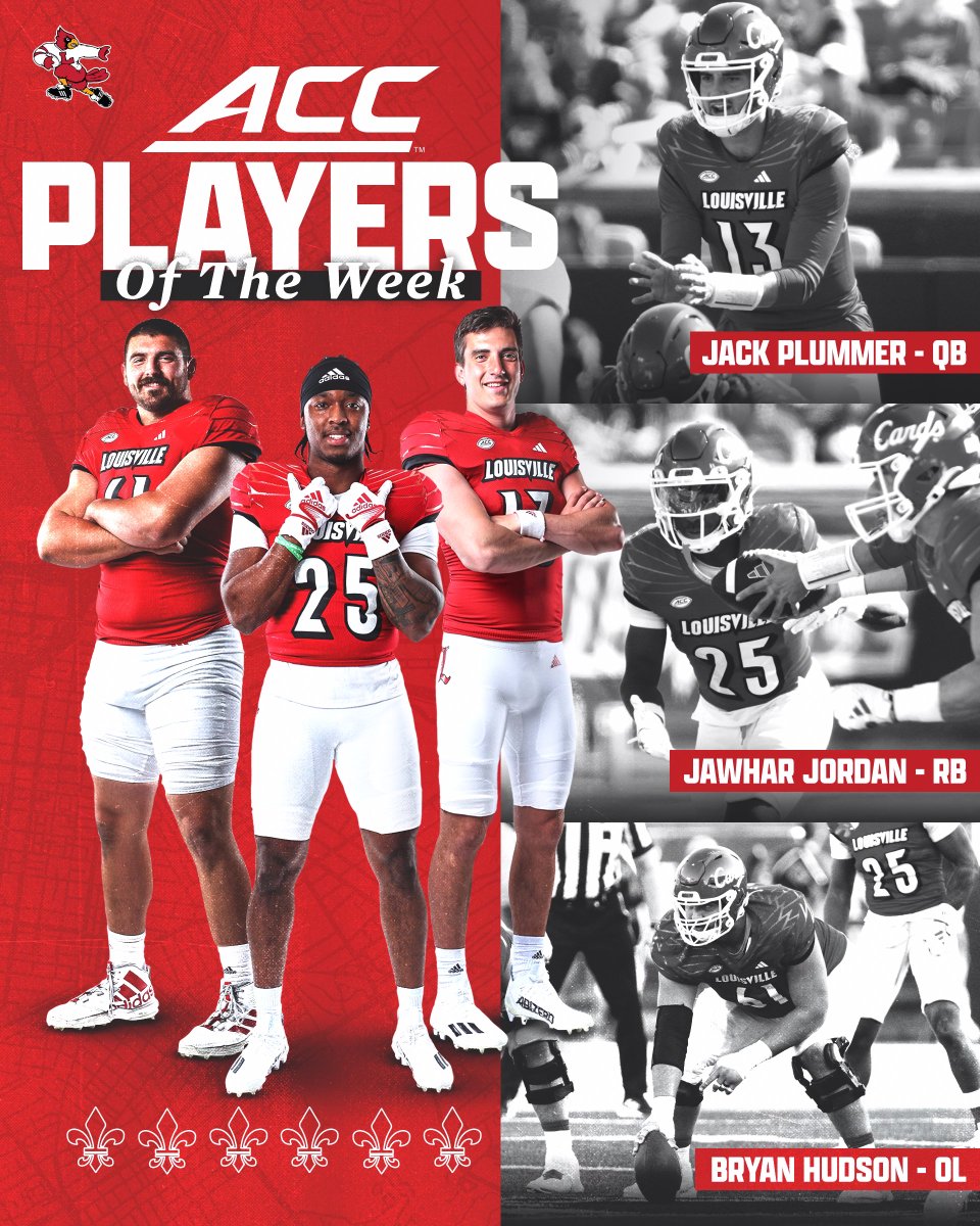 ACC Quarterback of the Week ✔️ ACC Running Back of the Week ✔️ ACC Offensive Lineman of the Week ✔️ Big week for @Jackplummer13, @JaJo_25 & @HudsonBryan! Details: uofl.me/3PogZdW #GoCards x #ForTheVille