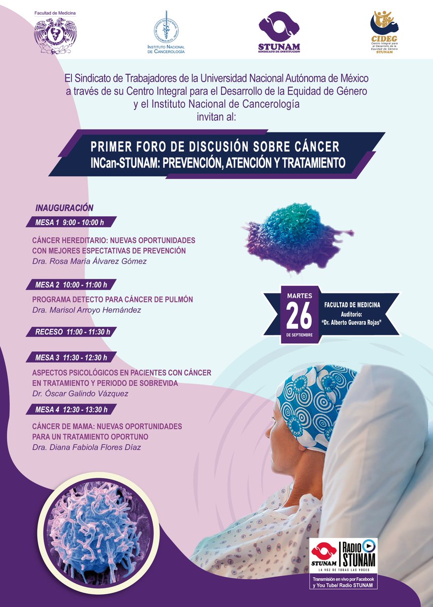Te esperamos en el primer "Foro de discusión sobre cáncer: prevención, detección y tratamiento" 

Fecha: martes 26 de septiembre
Hora: 9 hrs.
Lugar: Auditorio Dr. Alberto Guevara Rojas de la Facultad de Medicina de la UNAM. 
Público general
Acceso gratuito