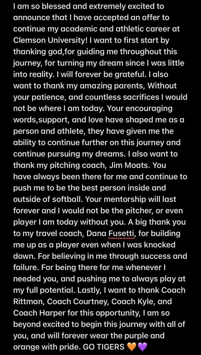 So beyond blessed to announce my verbal Commitment to <a href="/clemsonsoftball/">Clemson Softball 🥎</a>! GO TIGERS! 💜🧡
<a href="/ClemsonCoachKJ/">Kyle Jamieson</a> <a href="/rittmanjohn/">John Rittman</a> <a href="/cbreault12/">Courtney Breault</a> <a href="/jesss_harperr/">Jessie Harper</a> <a href="/EliteFusetti/">Carolina Elite SC Nat’l - Fusetti</a> <a href="/ExtraInningSB/">EXTRA INNING SOFTBALL</a>