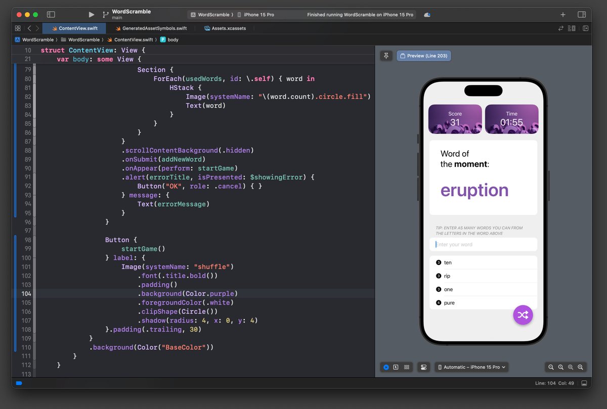 monicatvedt's tweet photo. I just finished Day 31 of the #100DaysOfSwiftUI via @twostraws #100DaysOfCode - and I'm so excited, because tomorrow the topic will be: Animations! 🙌🔥

But today we finished our WordScramble app, and I got to play around with different UI elements and their properties. Still struggling a bit with positioning and controlling whitespace  - but hey.. struggling just indicates we're progressing 💜