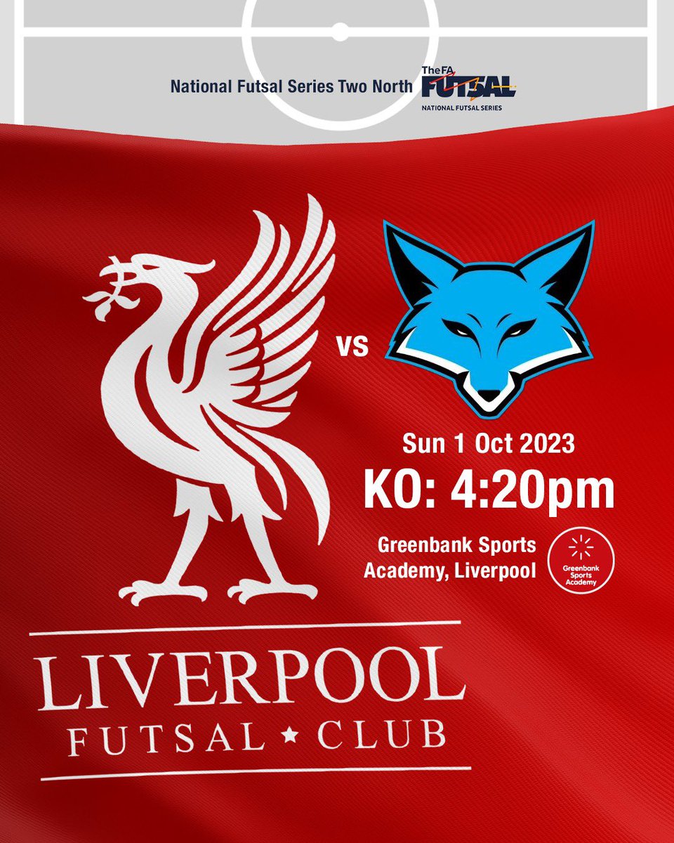LiverpoolFutsal's tweet photo. @LiverpoolFutsal welcome @leicesterfutsal this Sunday in the @FA_NFS . Join us for 16:20 ko at @GreenbankSports . Free admission. Your support is welcome! #WeAreLiverpool #Futsal https://t.co/yBOOhpSdho