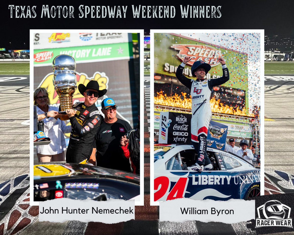 Help us congratulate these #WeekendWinners from @TXMotorSpeedway! 

#AndysFrozenCustard300 - @jhnemechek 

#AutotraderEchoPark500 - @WilliamByron

#NASCAR #RacerWear #NeverStopRacing #Motorsports #Apparel #RaceDay #Racing

📸 Various sources