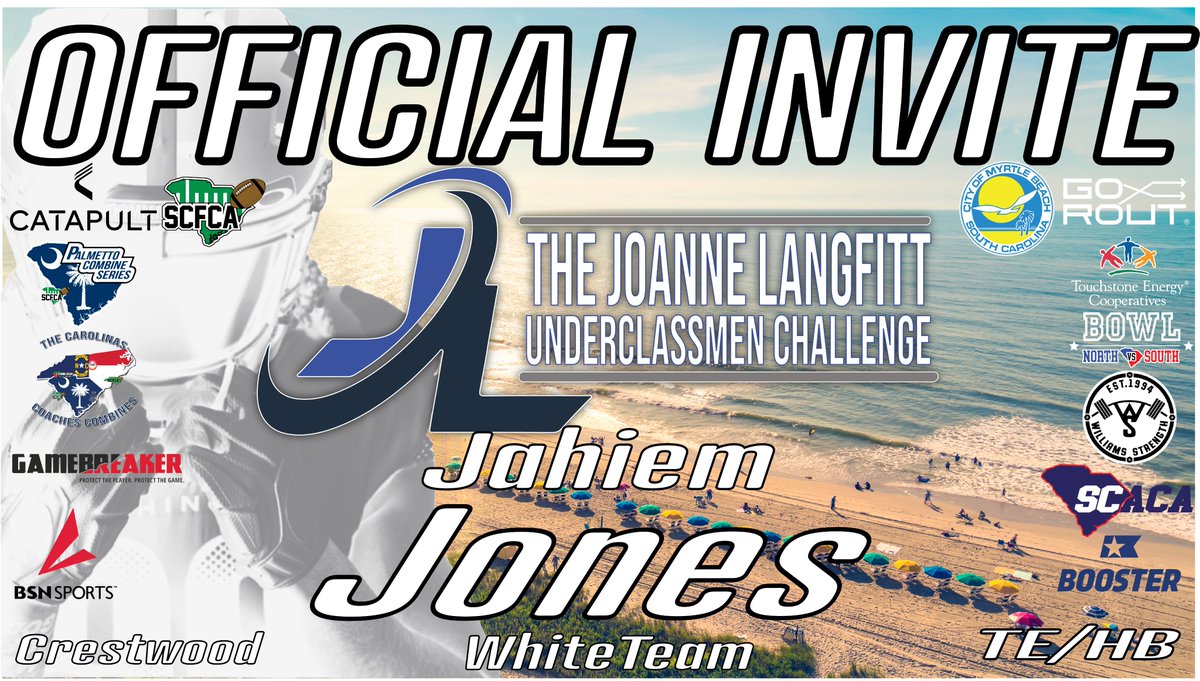 Congratulations Jahiem Jones on being selected to participate in the Joanne Langfitt Underclassmen Challenge. The JL is Fri, Dec. 8 at Doug Shaw Memorial Stadium in Myrtle Beach. Check email for info to register online. Check-in begins at 4:15 pm @CwoodFootball96 @RooseveltNelso2