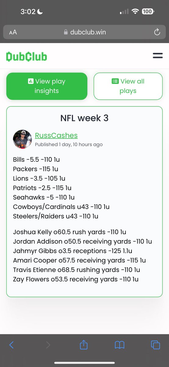 RussCashes's tweet photo. I guess I’ll stop winning in silence now. VIP was 12-4 +7u last week including a 9-4 +4u NFL day yesterday. Also 6-0 in NFL prime time games so far this season. https://t.co/zCUETkNugj