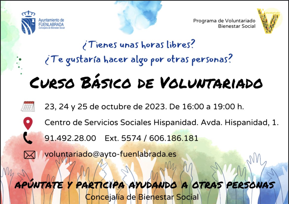 📢Tienes unas horas libres a la semana?
 ¿Te gustaría ayudar a otras personas de #Fuenlabrada? 
¿Eres una persona #solidaria? 
Esta es tu oportunidad!!! 
#HazVoluntariado!!! 
✍ Apúntate a la #FormaciónVoluntariado. 
📅 23, 24 y 25 de octubre de 2023 de 16:00 a 19:00 horas.