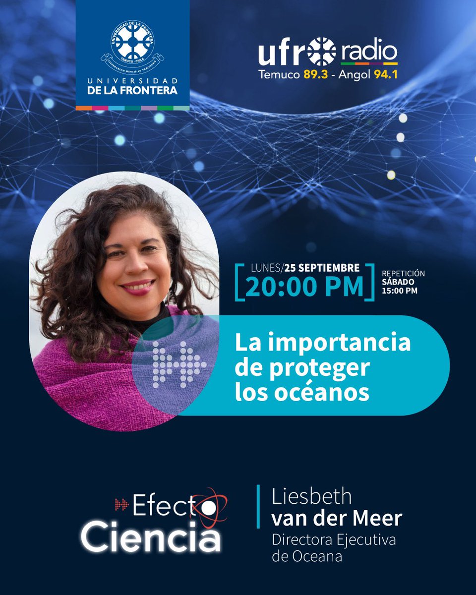 Efecto Ciencia 🎙️ (@efectociencia) on Twitter photo Hoy en #EfectoCiencia conversaremos con Liesbeth van der Meer, directora Ejecutiva de <a href="/OceanaChile/">Oceana en Chile</a> y con la Dra. Pamela Serón de <a href="/UFrontera/">UFRO</a> sobre rehabilitación cardiaca. ¡Nos escuchamos desde las 20:00 horas por Ufroradio!
📲 Señal online en ufromedios.cl
<a href="/Ufromedios/">Ufromedios</a> Hoy en #EfectoCiencia conversaremos con Liesbeth van der Meer, directora Ejecutiva de <a href="/OceanaChile/">Oceana en Chile</a> y con la Dra. Pamela Serón de <a href="/UFrontera/">UFRO</a> sobre rehabilitación cardiaca. ¡Nos escuchamos desde las 20:00 horas por Ufroradio!
📲 Señal online en ufromedios.cl
<a href="/Ufromedios/">Ufromedios</a>
