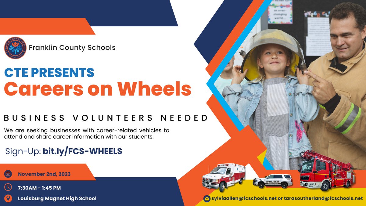 𝐁𝐮𝐬𝐢𝐧𝐞𝐬𝐬 𝐯𝐨𝐥𝐮𝐧𝐭𝐞𝐞𝐫𝐬 𝐧𝐞𝐞𝐝𝐞𝐝: We are seeking businesses with career-related vehicles to attend and share career information with our students. 𝐒𝐢𝐠𝐧-𝐔𝐩: bit.ly/FCS-WHEELS Email: sylviaallen@fcschools.net or tarasoutherland@fcschools.net