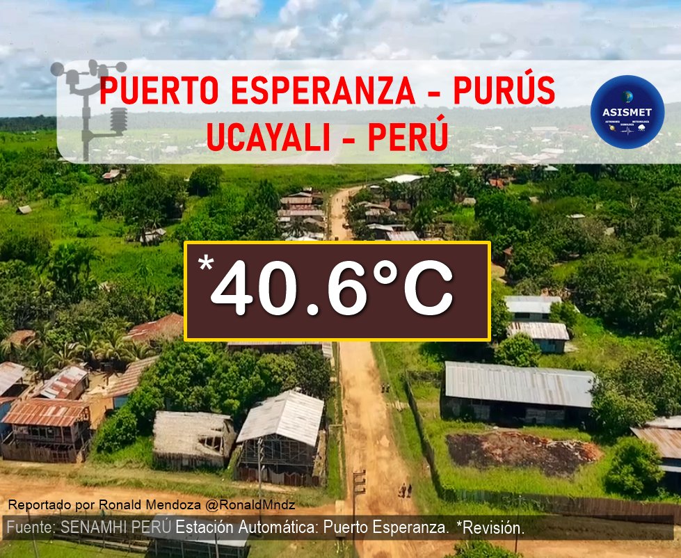 Asismet_IF's tweet photo. #ACTUALIZACIÓN
⚠️OLA DE CALOR EN LA SELVA PERUANA
🌡️40.6°C es el extremo registro en #PuertoEsperanza-Purús (Ucayali) estableciéndose como la temperatura más alta del 2023 en el #Perú.
Localidad ubicada en la frontera con Brasil.
-#ASISMET continúa monitoreando e informando. https://t.co/tRCF6sfA3X