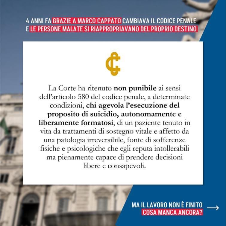 ComitatoCappato's tweet photo. Lo sapevate che 4 anni fa grazie a @marcocappato cambiava il Codice penale? Ripercorriamo insieme i passi della storica sentenza che ha reso “legale” il fine vita in Italia e scopriamo perché serve continuare questa battaglia in Parlamento! 🧵 (1/8) https://t.co/HBZ7MwiaTj