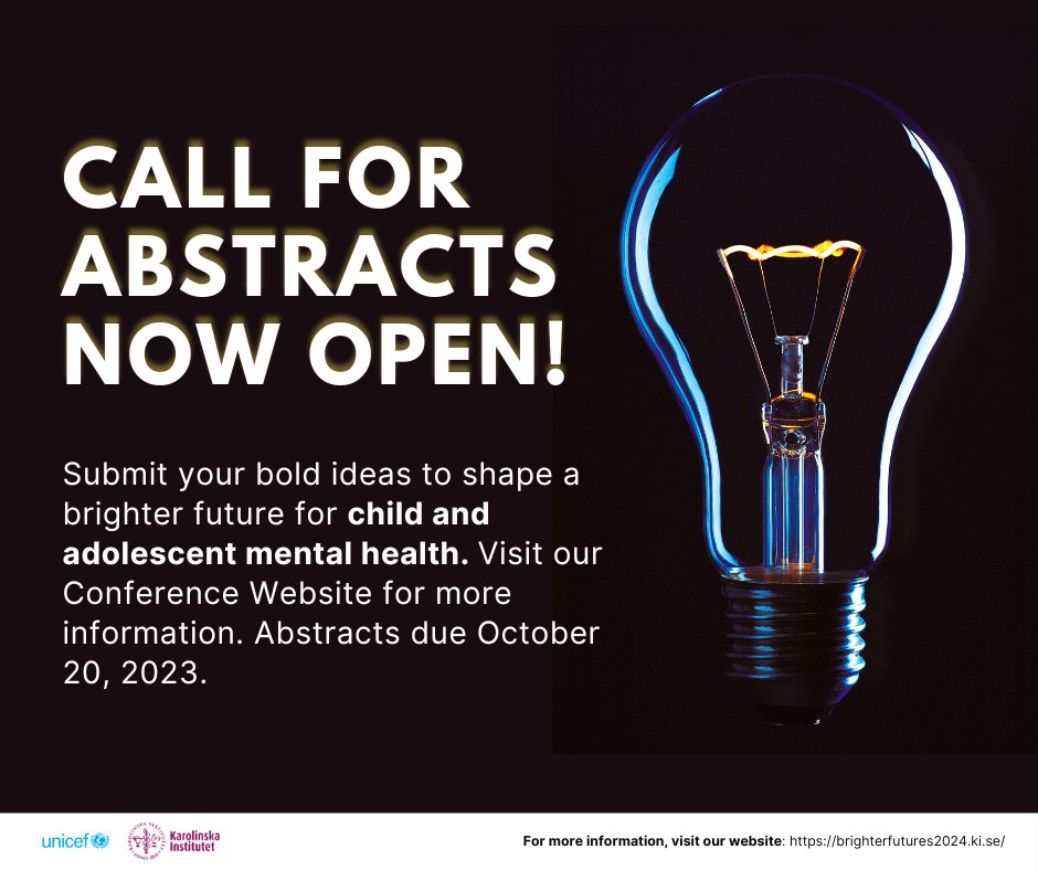 BIBF_Conference's tweet photo. Join us at the @karolinskainst – @UNICEF Joint Conference on Global Child and Adolescent Mental Health in Stockholm, Sweden, on May 15-16, 2024. Abstract submissions open until October 20, 2023. Learn more at https://t.co/Lm18LEqte8 #MentalHealth #BrighterFutures2024 https://t.co/jdq4FbHpdg