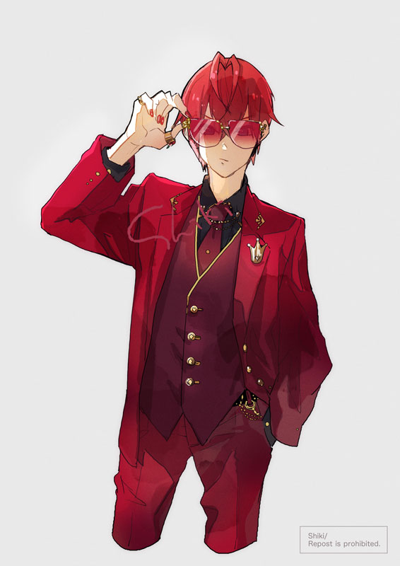 1boy red hair male focus solo hand in pocket formal sunglasses  illustration images