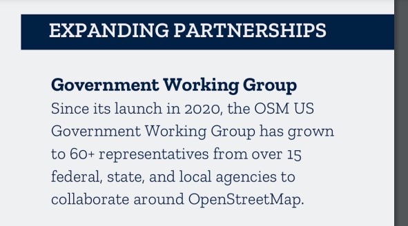 neogeografen's tweet image. Sidder og kigger i #OpenStreetMapUS 2022 årsrapport.  I USA har offentlige myndigheder (se pic) ikke berøringsangst vedr. #openstreetmap -  Modsat Danmark hvor fx VD og KL holder liv i party-like-1980 kortlægningsideer og absolut intet vil have med OSM at gøre