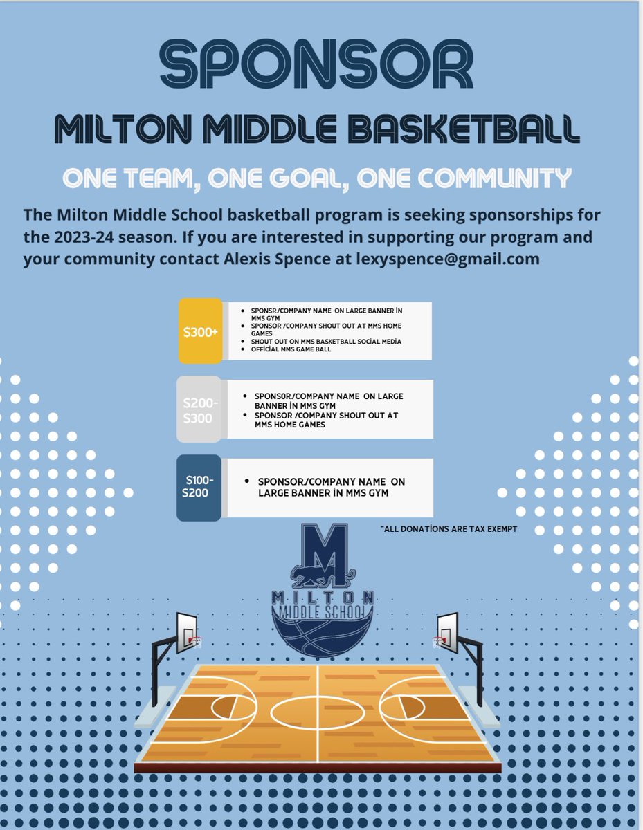 MiltonBBall's tweet photo. We are looking for our upcoming season and first up is our basketball on October 14th! This year we are tiering our sponsorship packages!!

Any interest please reach out to Coach May or Team Mom Alexis Spence!! https://t.co/DiusJaHoGm