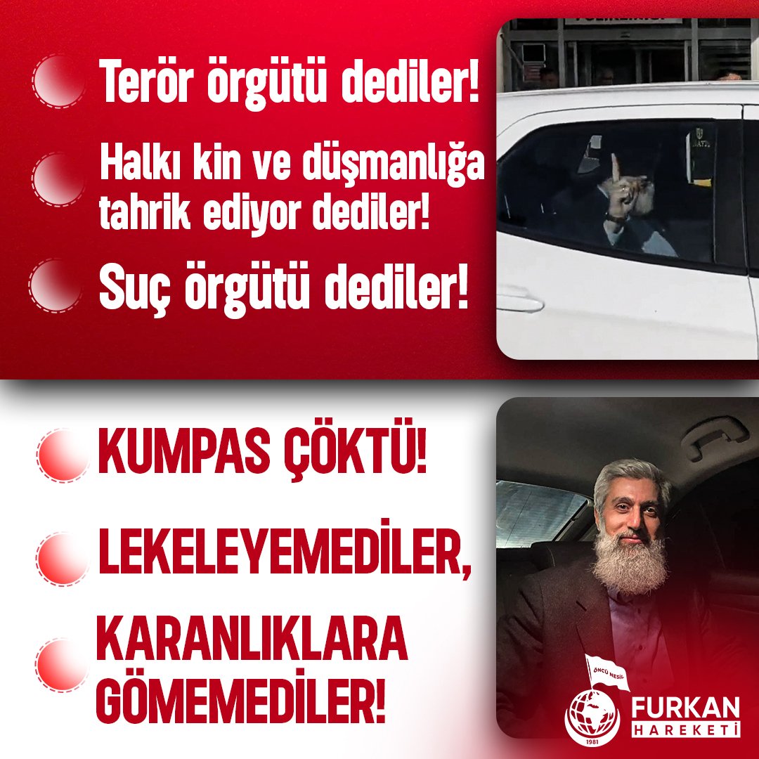 Terör örgütü dediler!
Halkı kin ve düşmanlığa tahrik ediyor dediler!
Suç örgütü dediler! 

KUMPAS ÇÖKTÜ ❗  LEKELEYEMEDİLER ❗  KARANLIKLARA GÖMEMEDİLER ❗  

FurkanHareketine YeniKumpas