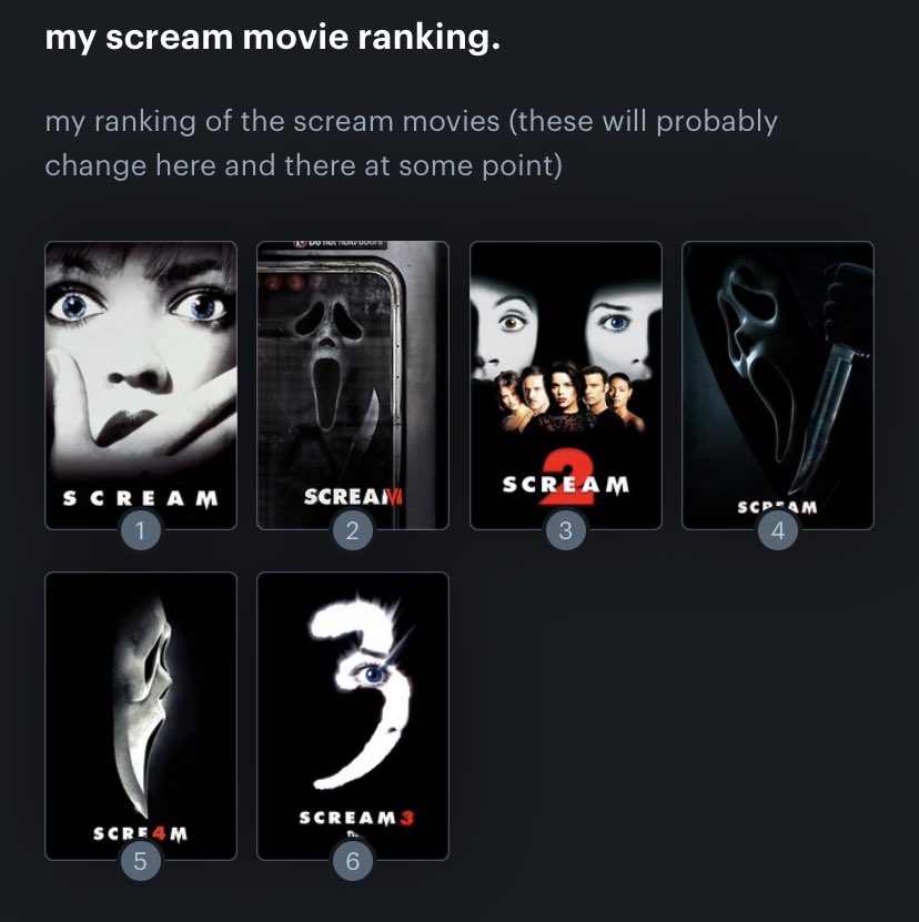 vampycrane's tweet photo. share your latest #ScreamRanking
itβs been like this since i did my scream marathon a few months ago https://t.co/7f8XIMaYdv