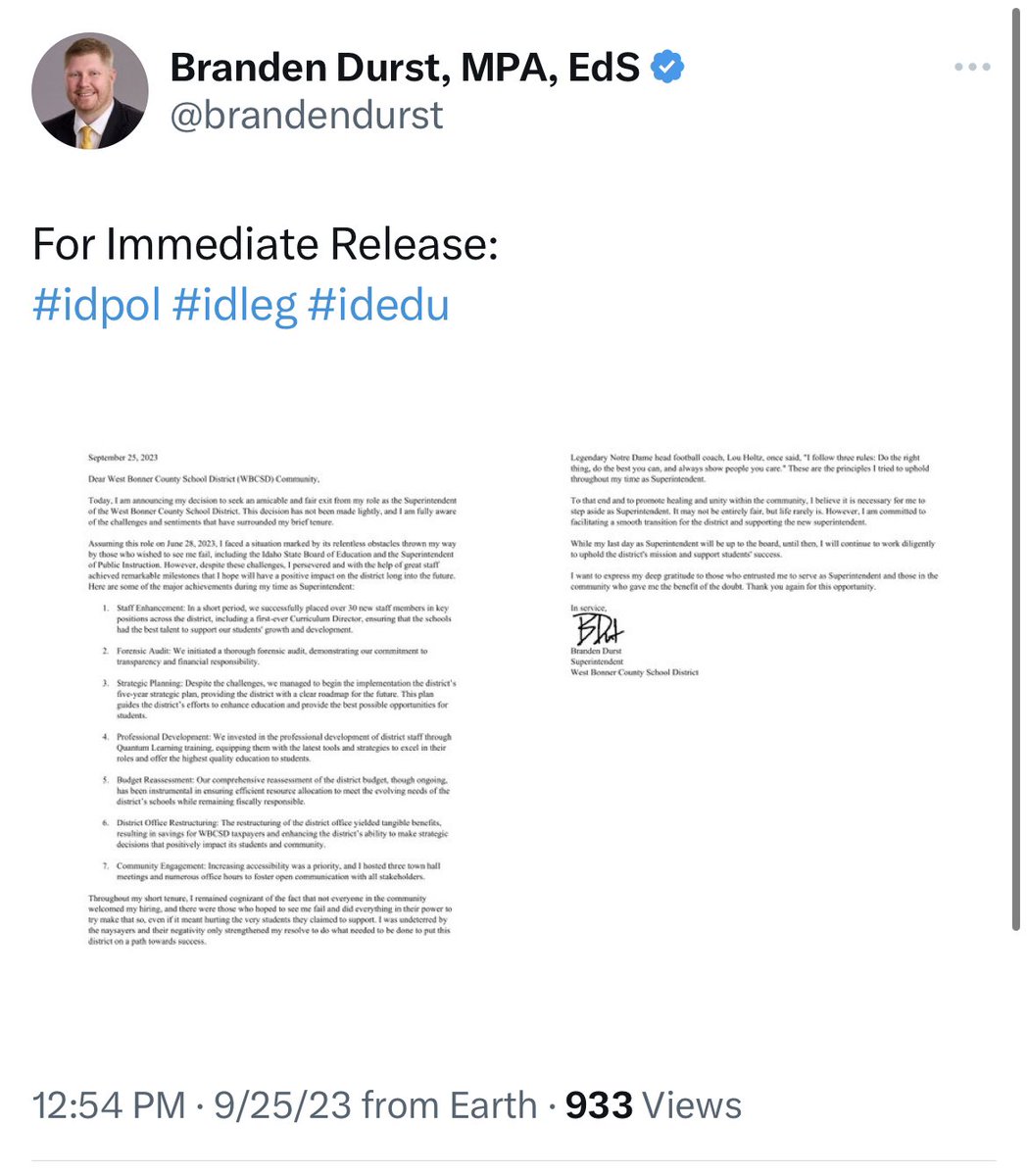 Branden Durst (the garbage pail kid who is unqualified to be a superintendent in Idaho) has finally resigned as the superintendent of WBCSD. Congratulations WBCSD! 🧡🖤