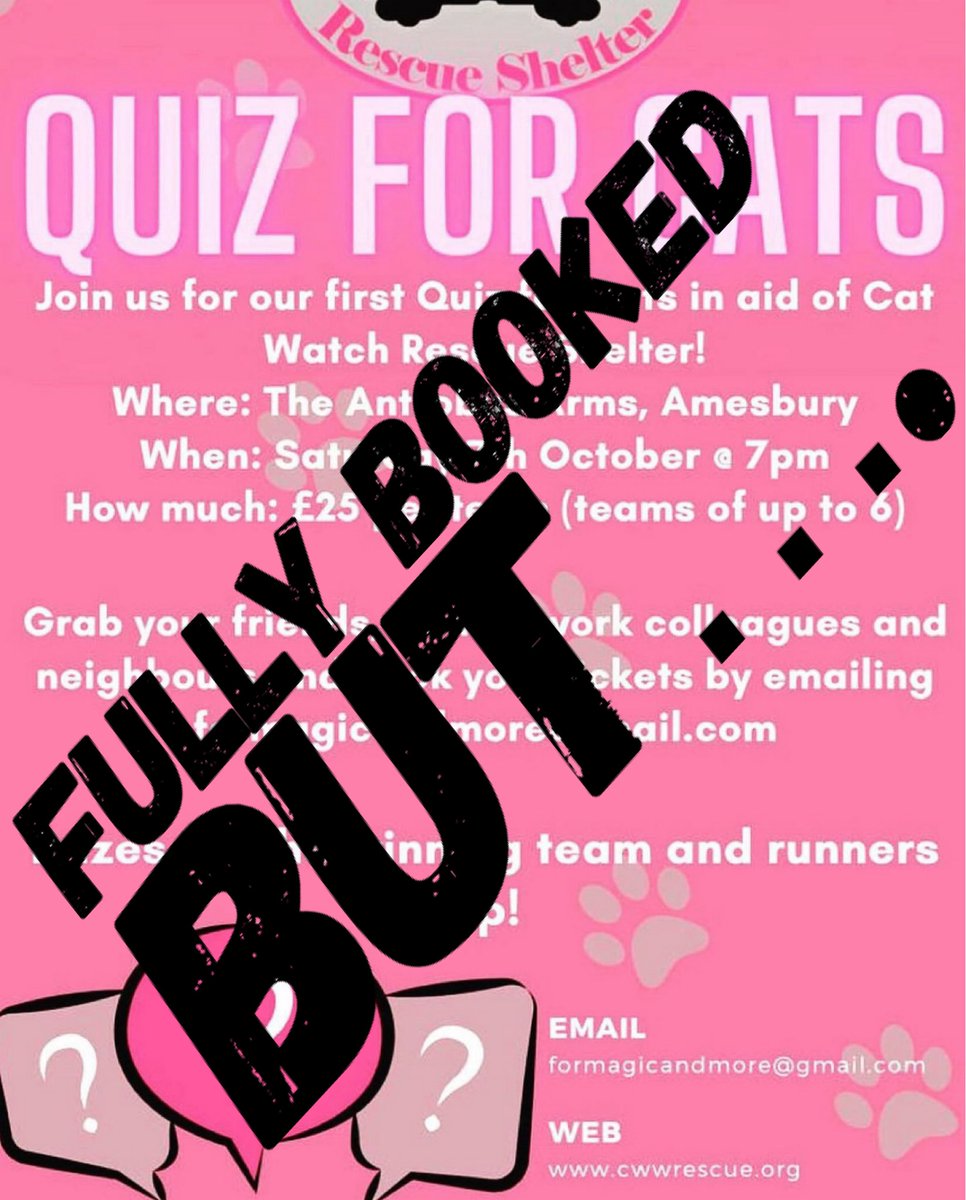 catwatchrescue's tweet photo. Quiz night is now fully booked but we would love to still have your support 🙏🏼
For £1 per ticket you can buy a raffle ticket just email formagicandmore@gmail.com with a name, phone number and number of tickets required and have a chance to win (see pic) 
https://t.co/LQNiHVb7wi https://t.co/OMSelkEAFQ