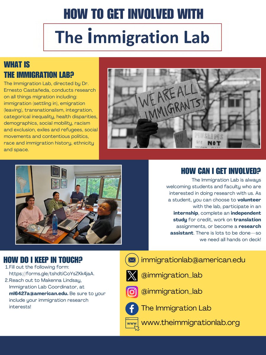 Immigration_Lab's tweet photo. Are you interested in working with The Immigration Lab at AU or know someone who is? Feel free to send and repost this flyer to get the word out! The Immigration Lab is always welcoming students and faculty. Interest form: https://t.co/6Moi0uE8Bx https://t.co/9lGMB8oNqq
