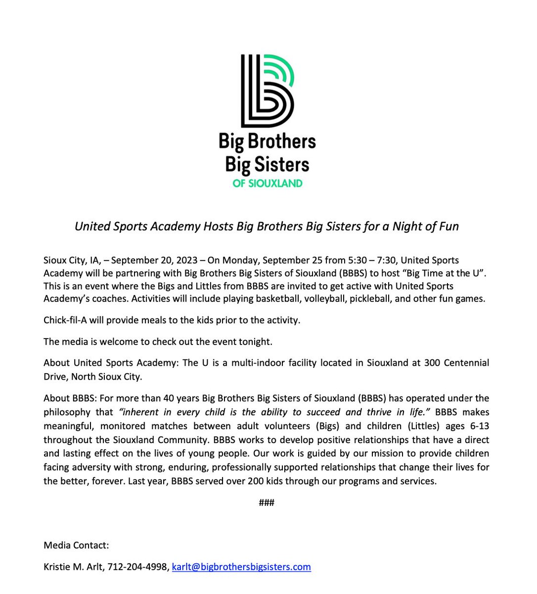 United Sports Academy is teaming up with <a href="/BBBS_Siouxland/">Big Brothers Big Sisters of Siouxland</a> tonight to host "Big Time at the U"! This is an event where Bigs and Littles from BBBS are invited to get active with United Sports Academy coaches in volleyball, basketball, soccer and pickleball!