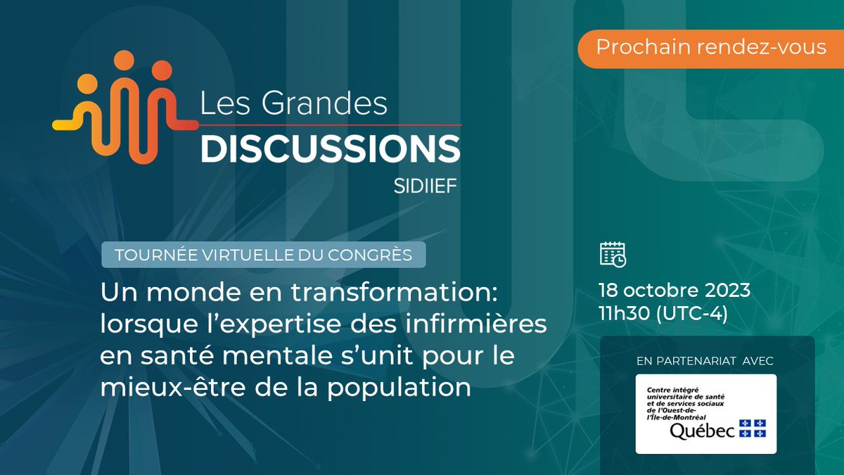 L'expertise #infirmière en #SanteMentale, thématique de notre prochaine grande discussion, animée en partenariat avec le <a href="/ciusss_ouestmtl/">CIUSSS Ouest Montréal</a> 
🗓️ 18 octobre, 11h30-12h30

Détails et inscription gratuite: sidiief.org/nouvelles-et-a…
