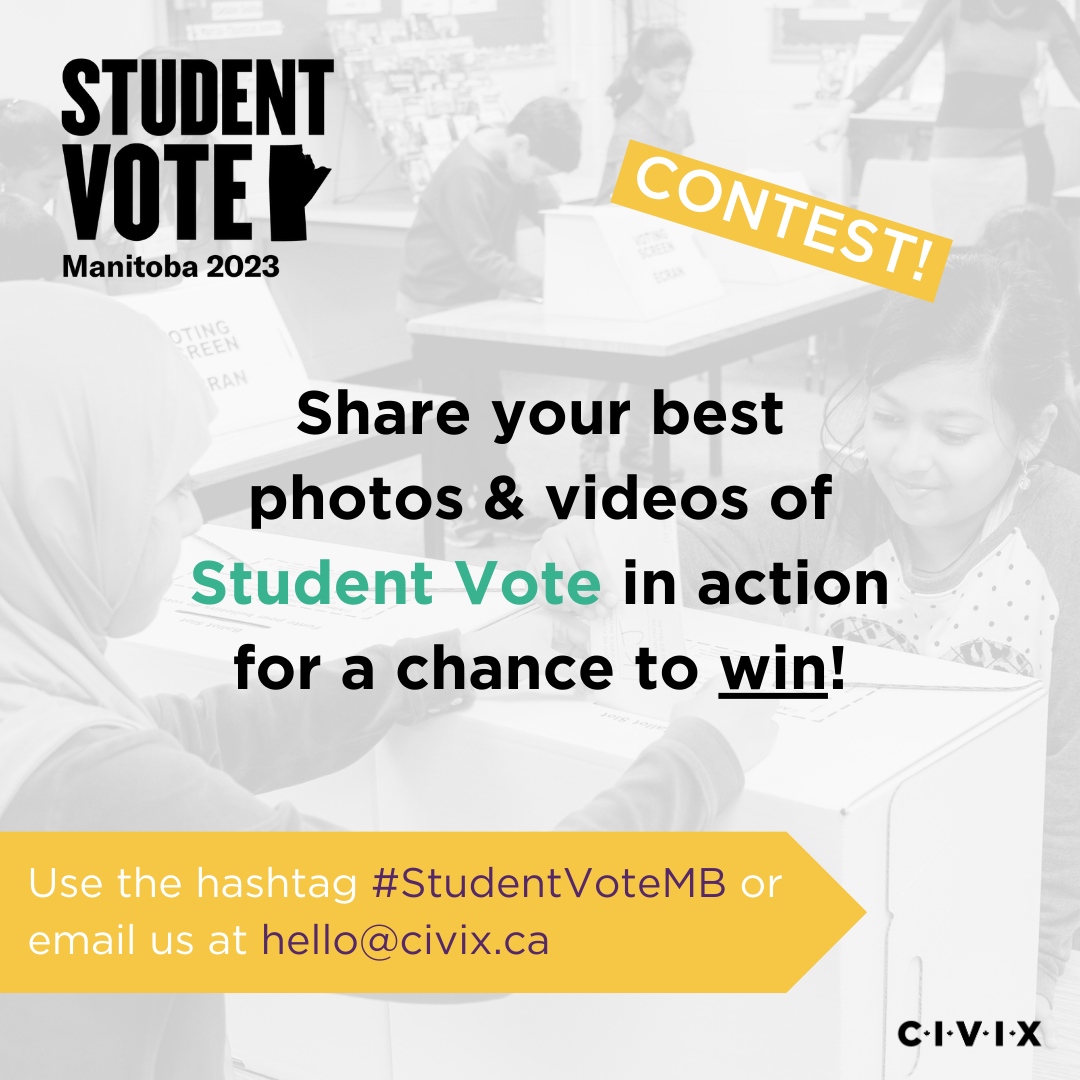 CIVIX_Canada's tweet photo. Itβs time to show off your Student Vote, Manitoba!
Share your best images β from classroom activities, to events, to Student Vote Day itself β for a chance to win one of four $100 Indigo gift cards! Tag your posts with #StudentVoteMB or email hello@civix.ca by Oct. 4 to enter. https://t.co/MmUCXPPl6U
