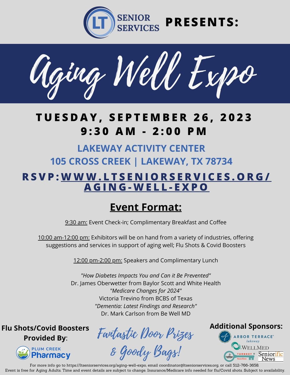 Last chance to register for TOMORROW'S Aging Well Expo!

*Tuesday, September 26 from 9:30 am - 2:00 pm
*Exhibitors
*Excellent speakers
*Flu Shots &amp; Covid Boosters 
*&amp; more

> REGISTER HERE: ltseniorservices.org/2023events

Questions or help registering: coordinator@LTSeniorServices.org