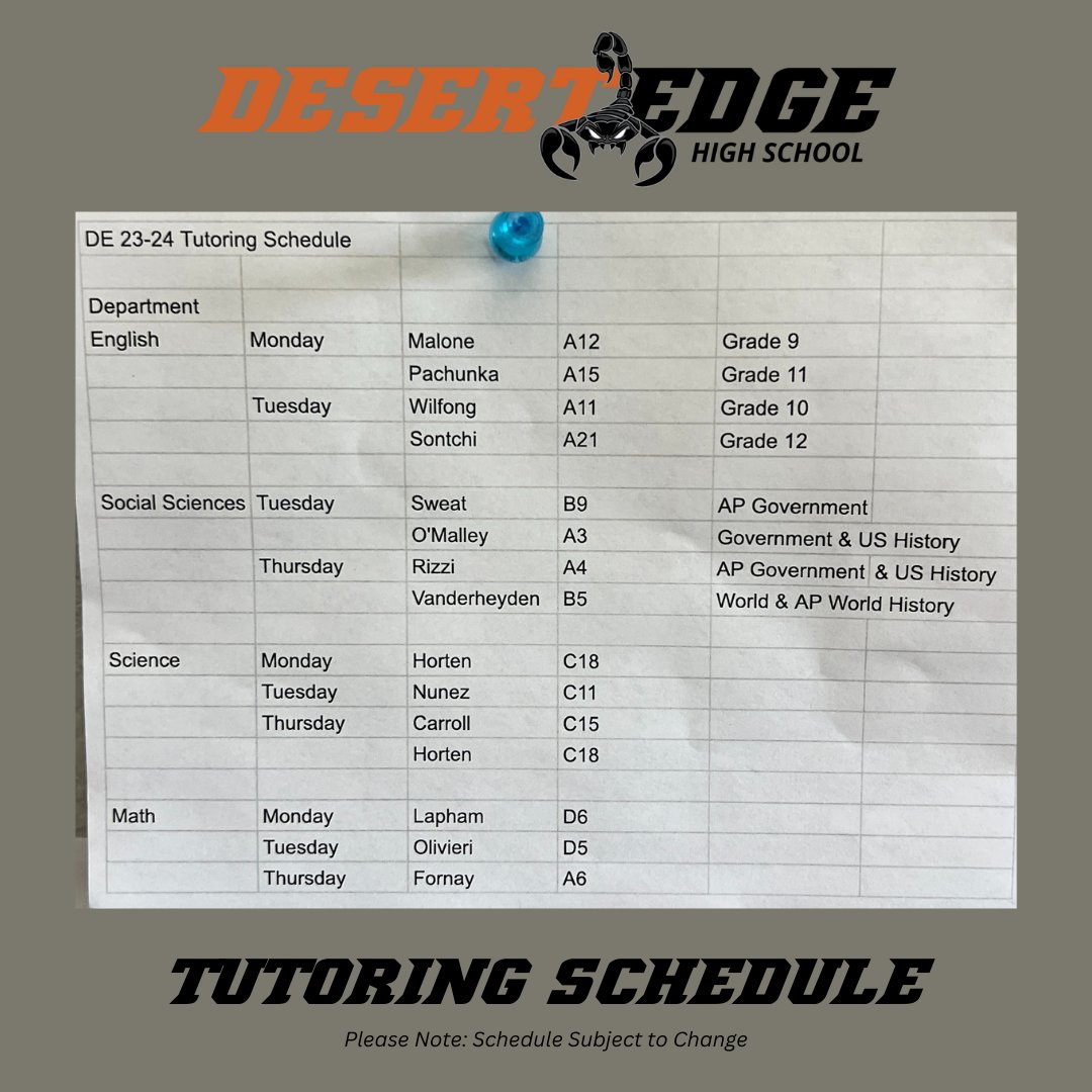DesertEdgeHS's tweet image. We have a tutor bus that runs on Monday, Tuesday, and Thursday each week. The bus picks up at 4:10 PM in the PAC bus loop. The tutor bus is for TUTORING only. Teachers will provide students with the appropriate pass to ride the tutor bus when needed. 🧡🦂🖤 #DEHS #ScorpionNation