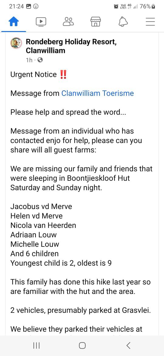 Urgent Notice ‼️ Message from Clanwilliam Toerisme Please help and spread the word... Message from an individual who has contacted enjo for help, please can you share will all guest farms: