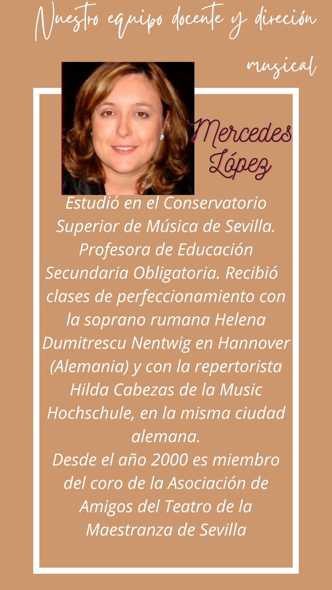 🎤 ¡Conoce a Mercedes, la maestra detrás de las voces extraordinarias de nuestro coro! Como responsable de formación en técnica vocal, coordina con pasión y experiencia todos los aspectos que hacen brillar nuestras voces. 🎶
#tecnicavocal 
#musicacoral
#doshermanas