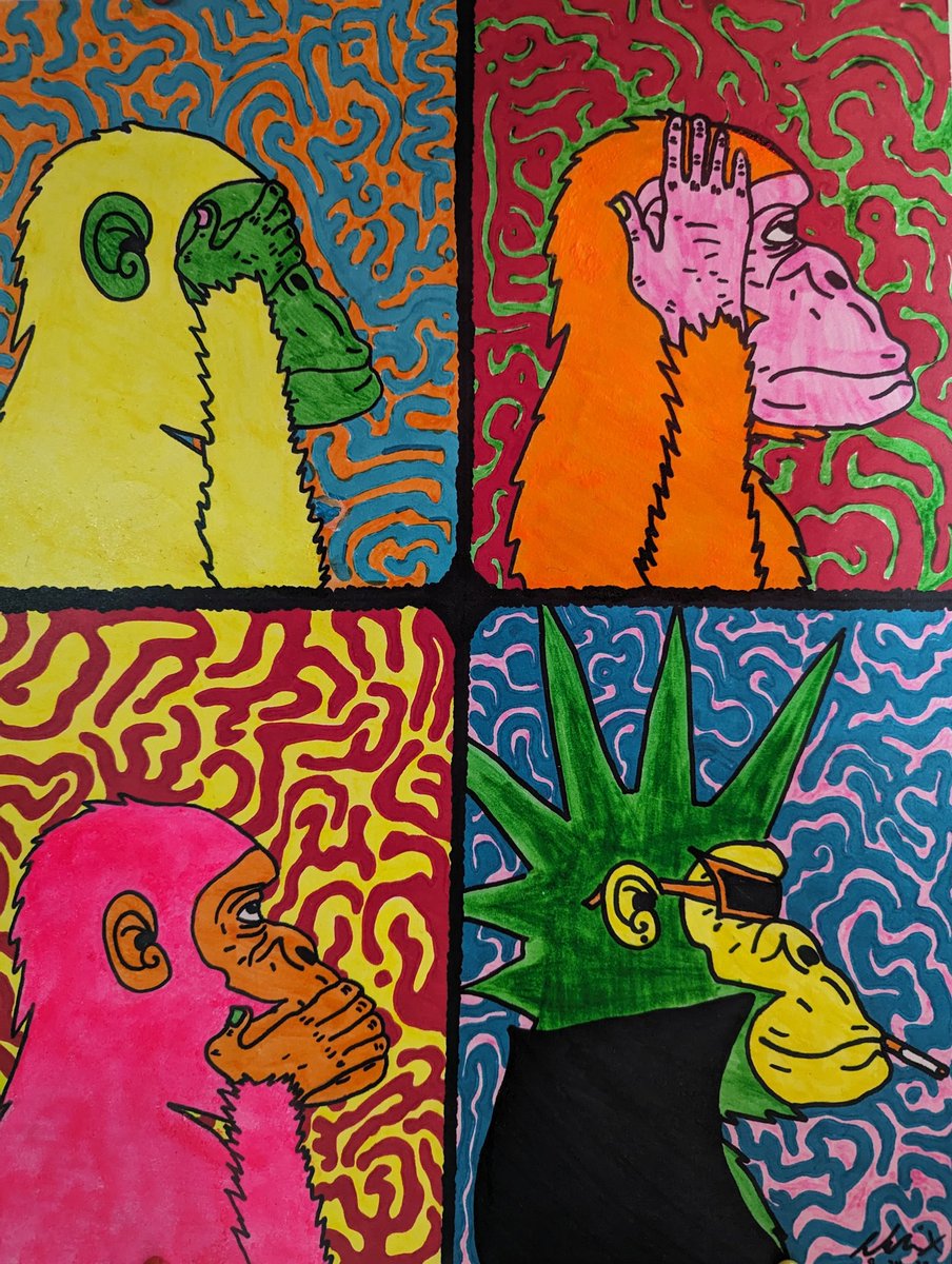 mithraicsage's tweet photo. "4 monks" mixed media art piece #art #mixedmedia #sharpie #acrylicblacklightpaint https://t.co/PzWn5SN7hS
