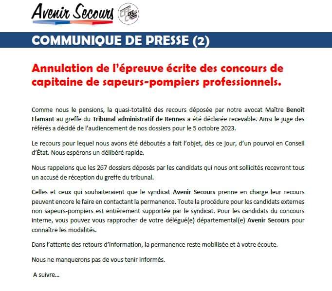 [Concours de capitaine annulé]
[Cellule Juridique <a href="/AvenirSecours/">Avenir Secours</a> ]
[Cellule Communication <a href="/AvenirSecours/">Avenir Secours</a> ]

Retrouvez le deuxième communiqué de presse rédigé par le Bureau national d' <a href="/AvenirSecours/">Avenir Secours</a> 
<a href="/FaureDominique/">Dominique Faure</a>