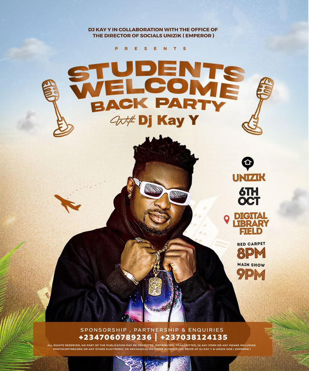 DjKay_Y's tweet photo. Hey UNIZIK! After the amazing Welcome Back Party at UNN, we can't wait to bring the same energy to Awka! You guys better get ready, because we're about to turn up the volume and party all night long! 🎵🎶 

#StudentsWelcomeBackParty https://t.co/pljINNI6Ty