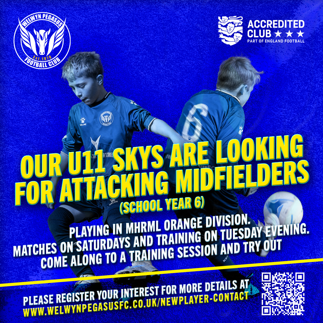 👉U11 SKYS LOOKING FOR ATTACKING MIDFIELDERS Come along to one of our training sessions to try out, held every Tuesday at @MonksWalkSch Register here: bit.ly/3SUEP18 #WeArePegasusFC @midhertsrml #grassrootsfootball #youthfootball @wonderfulwgc #youthfootball