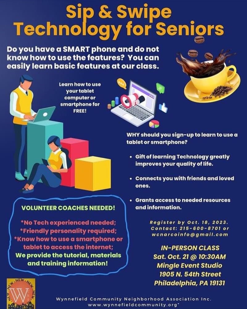 PACareerLinkPHL's tweet image. Wynnefield Community Neighborhood Association Inc. is hosting an educational class on smartphone and tablet skills for Seniors. We encourage those who are familiar with smartphone usage to apply as a volunteer coach to help with tech literacy!  #TechLiteracy #DigitalEmpowerment