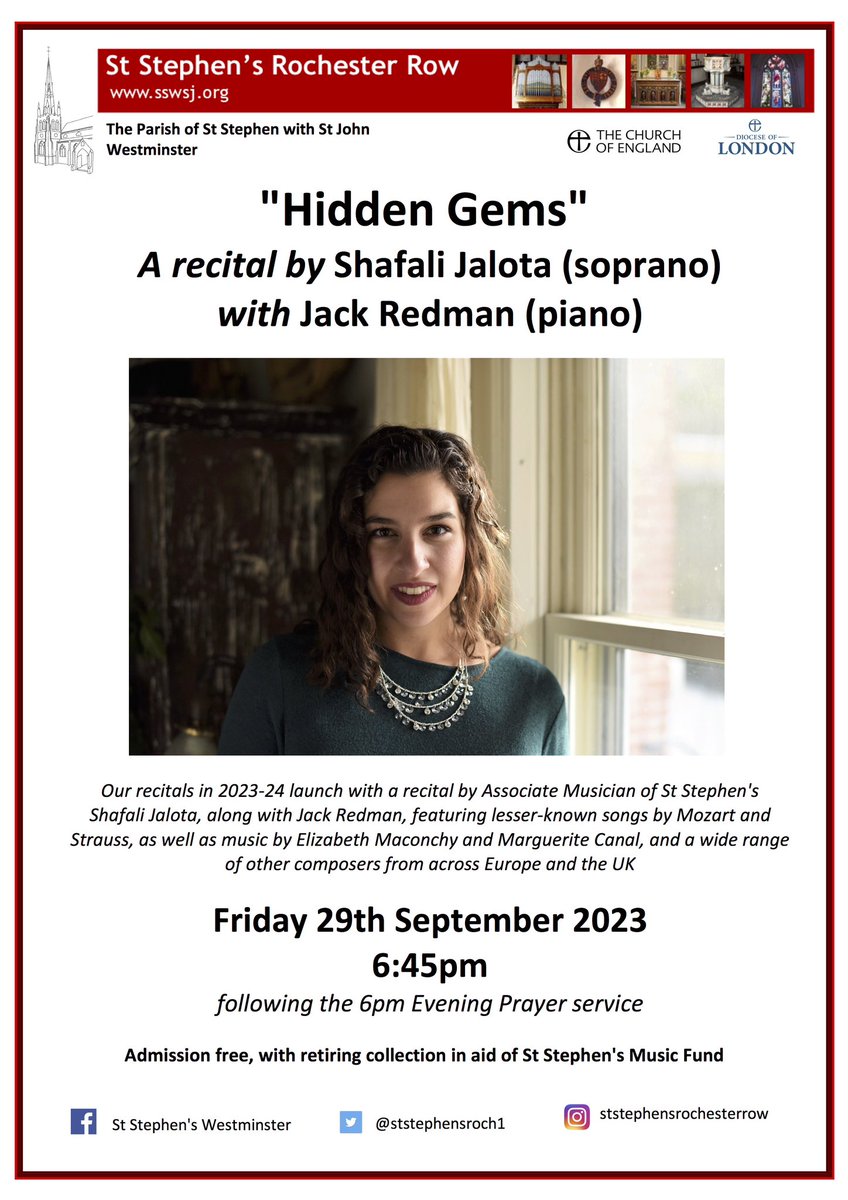ststephensroch1's tweet photo. Our 2023-4 recitals launch THIS Friday 29th at 6:45pm with a programme of “Hidden Gems” sung by our wonderful Associate Musician Shafali Jalota. Free entry (retiring collection) - all welcome! https://t.co/jKb8XRbTtl