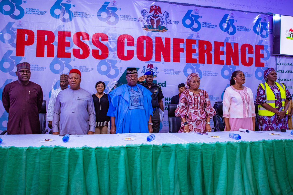 SGFAkume's tweet photo. Earlier, I hosted a World Press Conference in Abuja to herald activities of Nigeria’s 63rd Independence Anniversary. We've enjoyed uninterrupted democratic governance since '99, including a smooth Presidential transition in May so this is another opportunity for us to reflect... https://t.co/Ibjk3cISWk