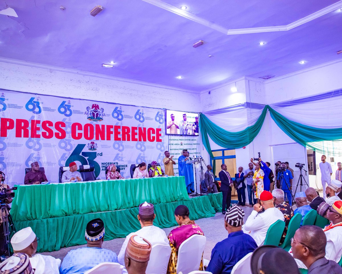 SGFAkume's tweet photo. Earlier, I hosted a World Press Conference in Abuja to herald activities of Nigeria’s 63rd Independence Anniversary. We've enjoyed uninterrupted democratic governance since '99, including a smooth Presidential transition in May so this is another opportunity for us to reflect... https://t.co/Ibjk3cISWk
