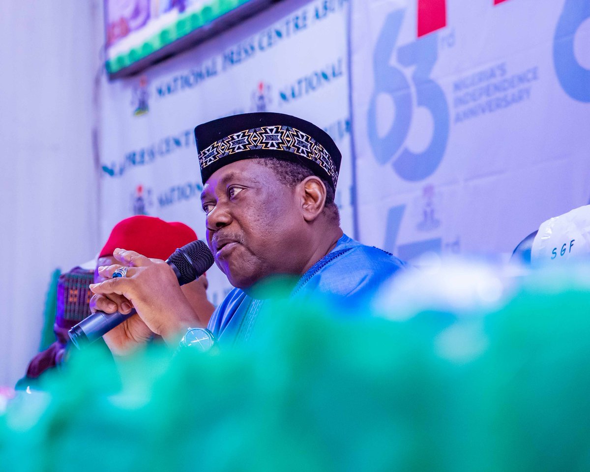 SGFAkume's tweet photo. Earlier, I hosted a World Press Conference in Abuja to herald activities of Nigeria’s 63rd Independence Anniversary. We've enjoyed uninterrupted democratic governance since '99, including a smooth Presidential transition in May so this is another opportunity for us to reflect... https://t.co/Ibjk3cISWk