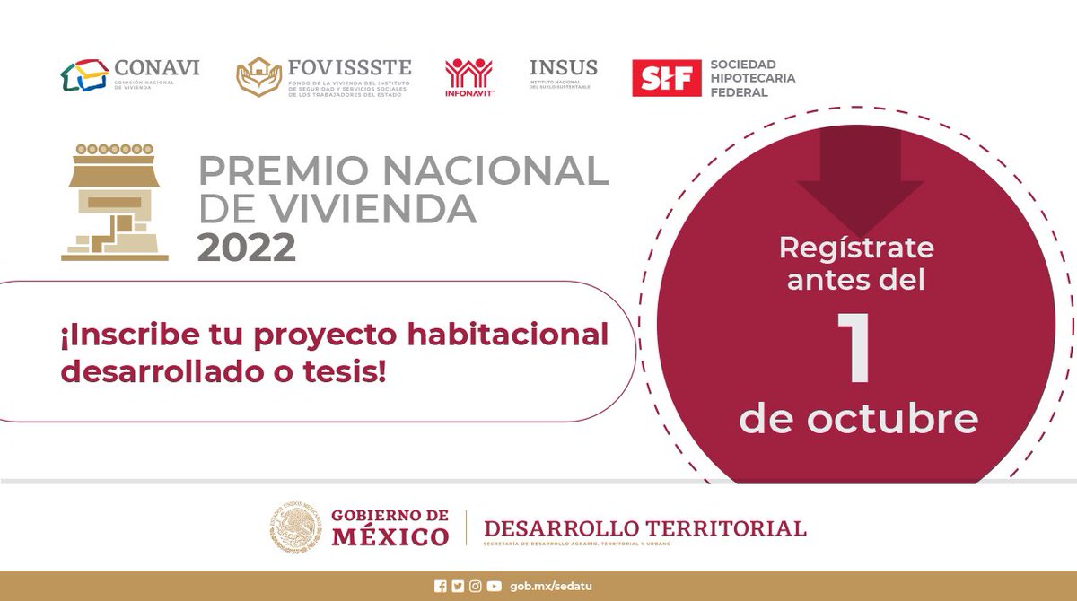 OJO

Amplían plazo para inscribirse al 
#PremioNacionalDeVivienda

Aquí pueden inscribir sus proyectos 

sistemas.sedatu.gob.mx/PrNV
#ViviendaAdecuada