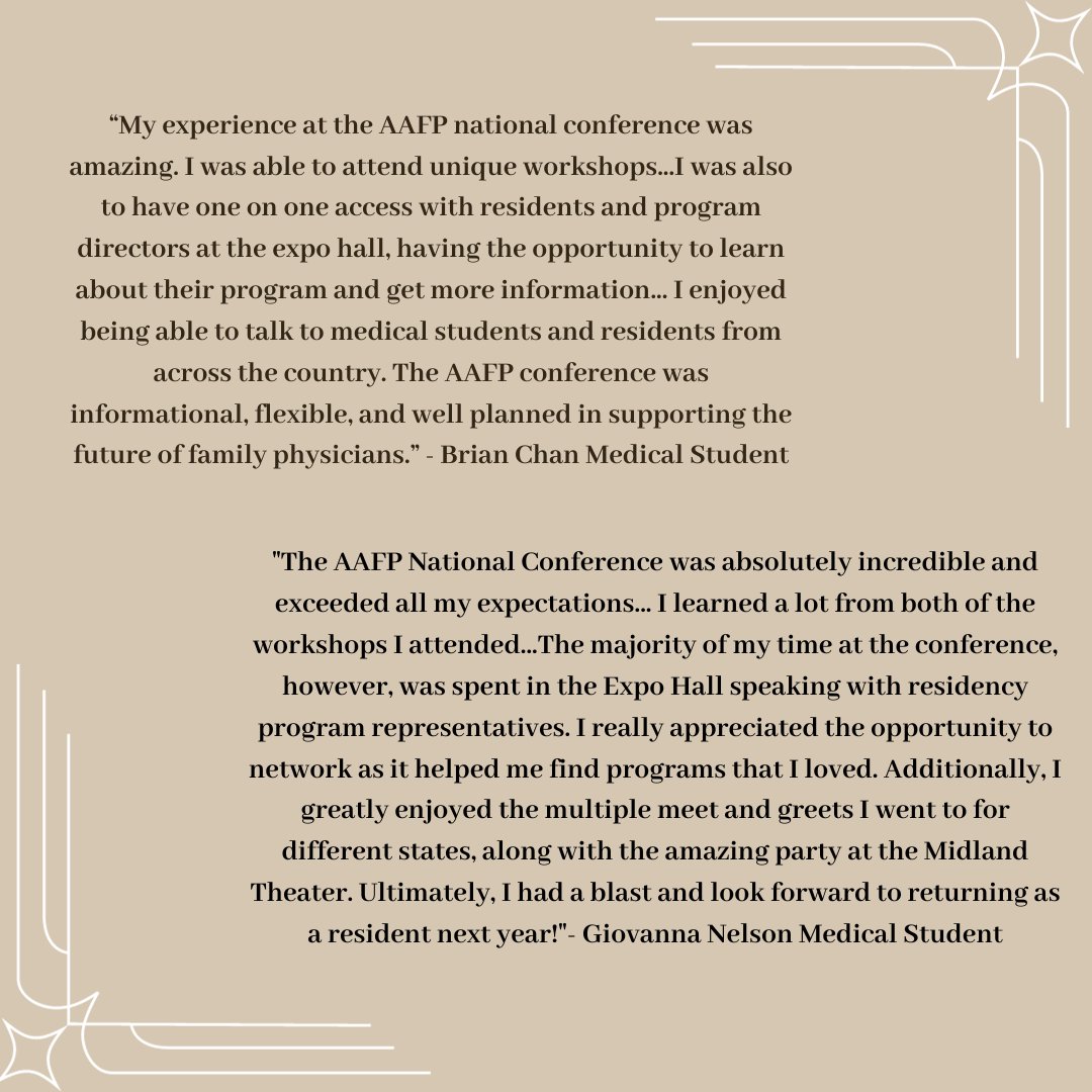 #throwback to RSB CAFP at the 2024 AAFP National Conference! We had a great time learning and joining our members in Kansas City! 🩺
Photos and testimonials are from AAFPNC, UCR SOM M2 Brian Chan and Giovanna Nelson LLUSM M4
(Both are RSB CAFP scholarship AAFPNC 2023 recipients)