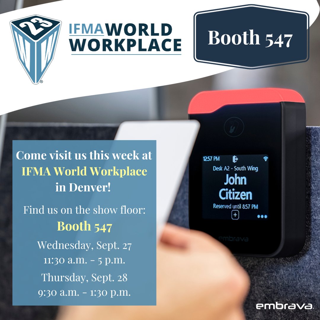 Who else will be attending <a href="/IFMA/">IFMA</a> 's World Workplace this week in Denver? 👋

Come visit us at booth 547 to learn how the Embrava Desk Sign makes flexible work better!✨