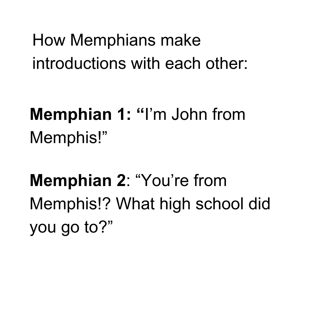 choose901's tweet photo. You can tell a lot about a Memphian based on what school they went to! Drop your high school down in the comments ⇣😂 #choose901 https://t.co/q9D9dMfo3y