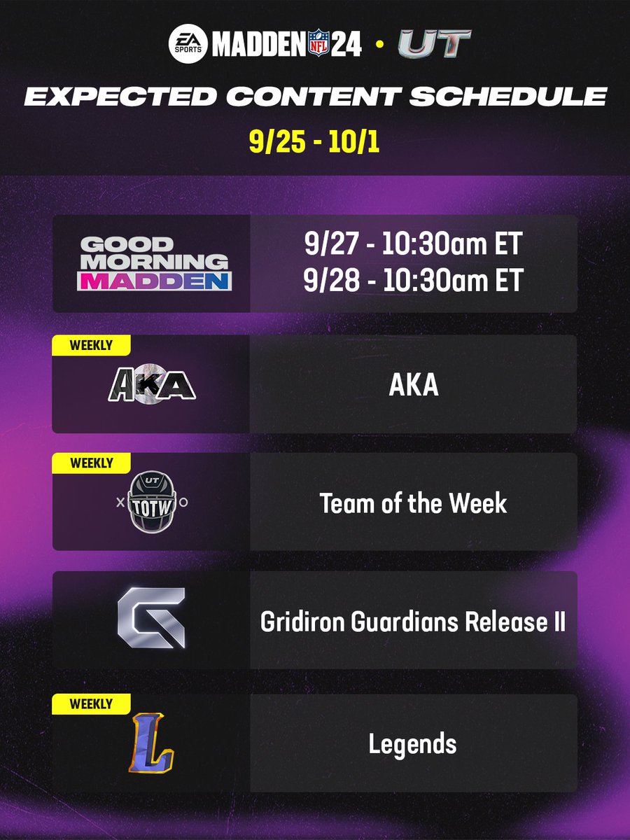 EASPORTS_MUT's tweet photo. #Madden24 Content Schedule 📅 https://t.co/pm9q9odq1e