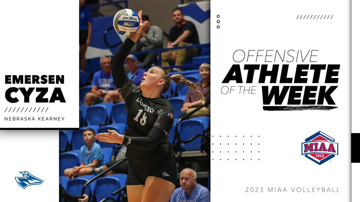 TheMIAA's tweet photo. Emersen Cyza tallied 26 kills with 0 errors as @UNKvolleyball collected a pair of wins against MIAA opponents to be crowned week four's Offensive Athlete of the Week 🔥

📰 https://t.co/nEWETNOWkm
#BringYourAGame