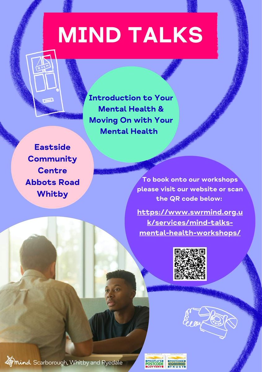 swrmind1's tweet photo. The next session of MindTalks at  Eastside Community Centre is on tomorrow afternoon. Come and learn more about living with anxiety,get practical, usable ideas on tackling it day to day. Sign up online or give us a call on 01723 339838. #whitby #eskvalley #mentalhealthmatters https://t.co/ycGrFGDuYW