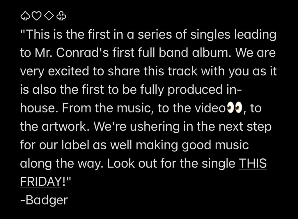 DANNY CONRAD'S "Po' Boy" drops FRIDAY, SEPT 29th!

♤♡◇♧
#notcars
.
.
.
#dfw #newmusic #thisfriday #indie #folkrock #singersongwriter #independent #artist