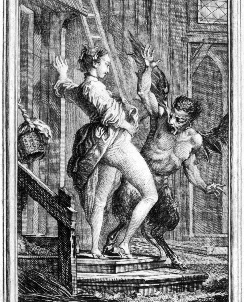 This is a 1762 illustration of a woman warding off the devil with her genitalia. The illustration was used to accompany the poem, 'The Devil of Pope Fig Island,' written by a 17th-century French poet by the name of Jean de la Fontaine.

The poem is pretty long, so I'll just give