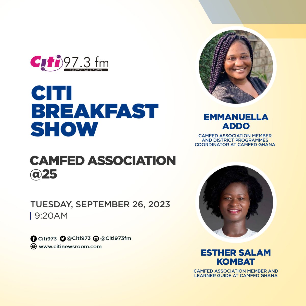 tishtheweldergh's tweet photo. Join @Camfed Association members on Citi FM tomorrow at 9:30 am, as they engage in a discussion about the CAMFED Association and planned activities to commemorate the 25th anniversary.

#CAMA@25
#CAMFEDsisterhood
#doubleinsizeby2030
#TogetherWeCan
#YoungWomenLeadingChange https://t.co/HEkEHCs9tZ