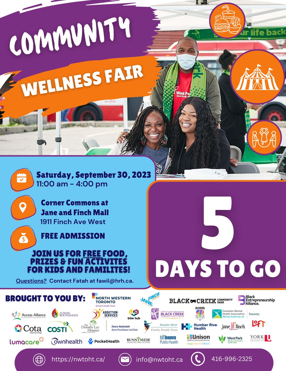 NWTorontoOHT (@nwtorontooht) on Twitter photo Our Second Annual Community Wellness Fair is happening in 5 days! If you have any questions about the fair, please contact Fatah at fawil@hrh.ca. #communitywellnessfair #NWTOHTfair2023 #janefinchmall #fallintowellness #wellness Our Second Annual Community Wellness Fair is happening in 5 days! If you have any questions about the fair, please contact Fatah at fawil@hrh.ca. #communitywellnessfair #NWTOHTfair2023 #janefinchmall #fallintowellness #wellness